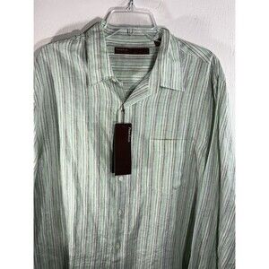 Perry Ellis 100% Linen ‘Light Grass’ Green White Black stripe Mens Size XL Shirt